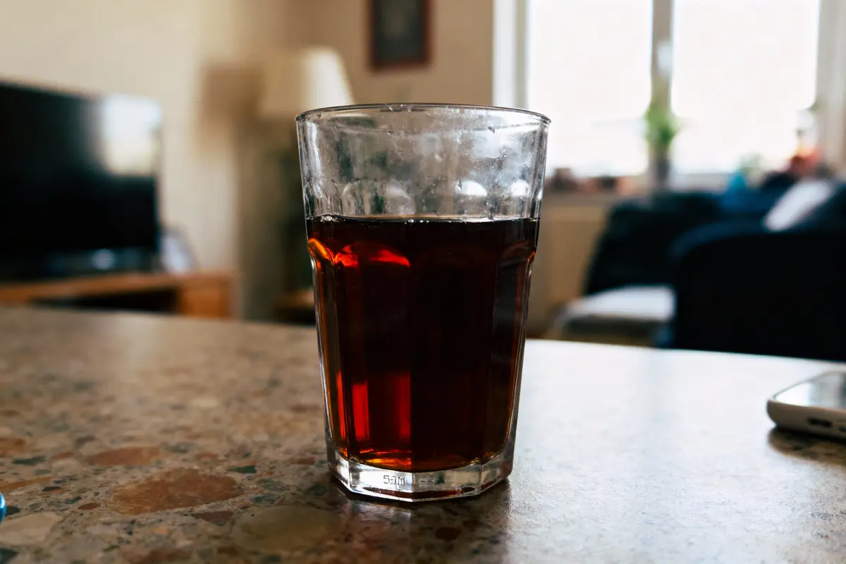 Verre de boisson brune sur table en marbre dans un salon lumineux et confortable.