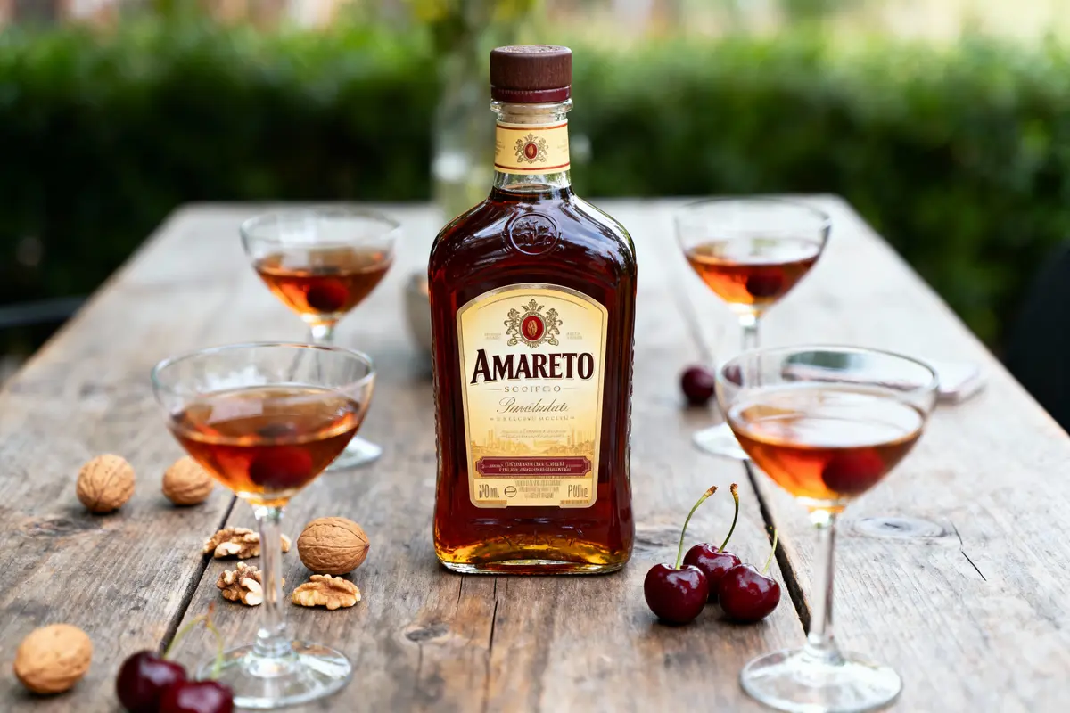 Bouteille de liqueur Amaretto avec verres, cerises, et noix sur une table en bois. Ambiance extérieure.