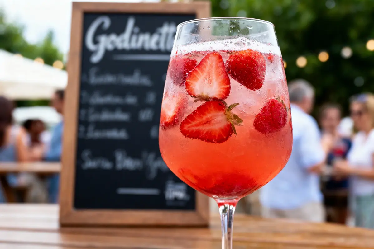 Verre de cocktail aux fraises sur table en bois, fond flou avec ardoise et personnes.