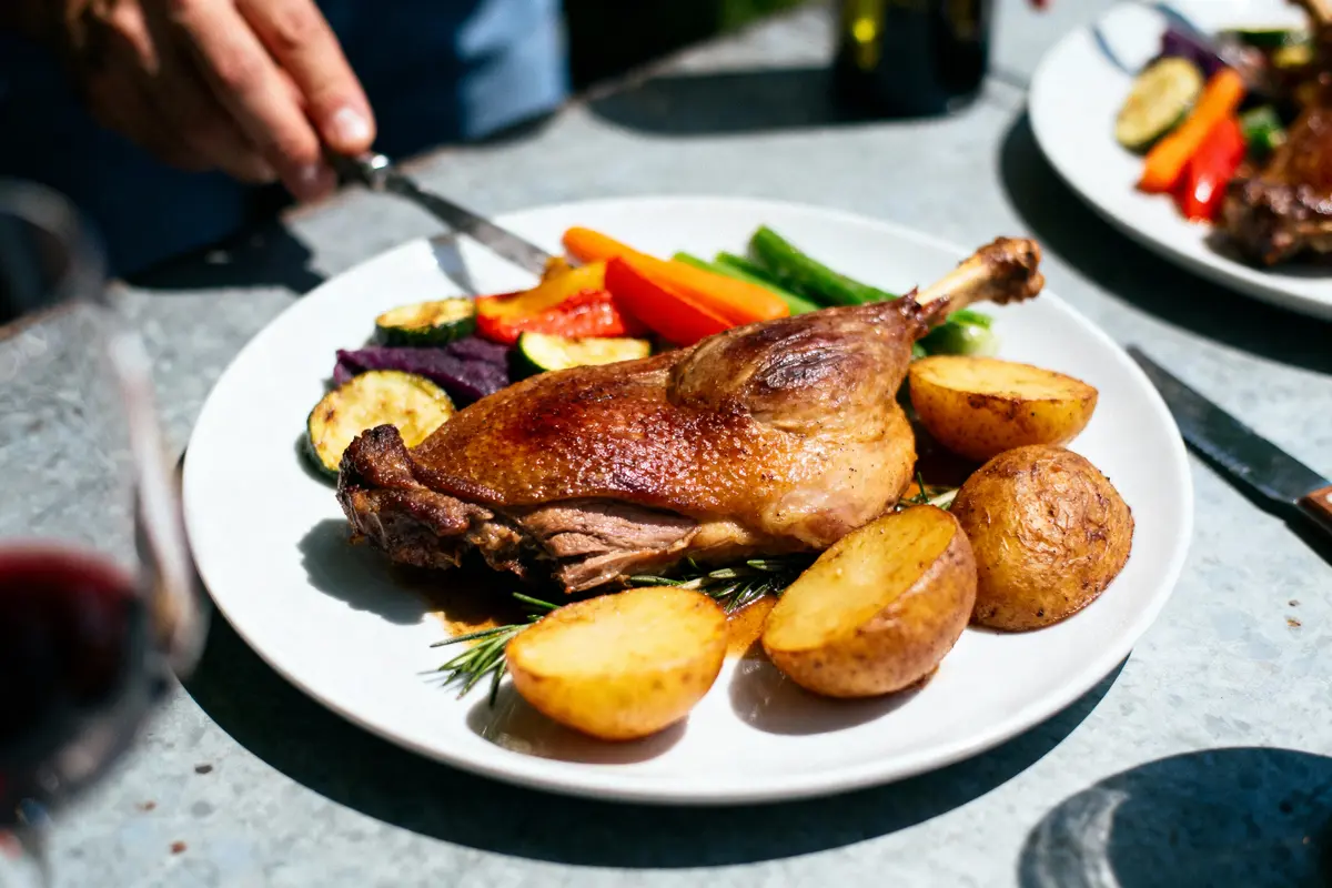 Assiette de canard rôti avec légumes grillés et pommes de terre, servie sur table métallique ensoleillée.