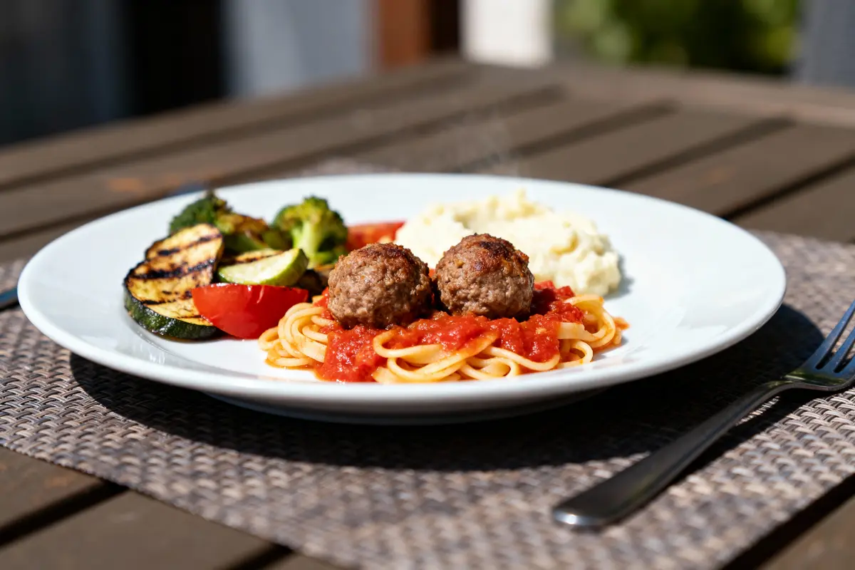 Assiette de spaghettis sauce tomate, boulettes de viande, légumes grillés et purée, sur une table en extérieur.