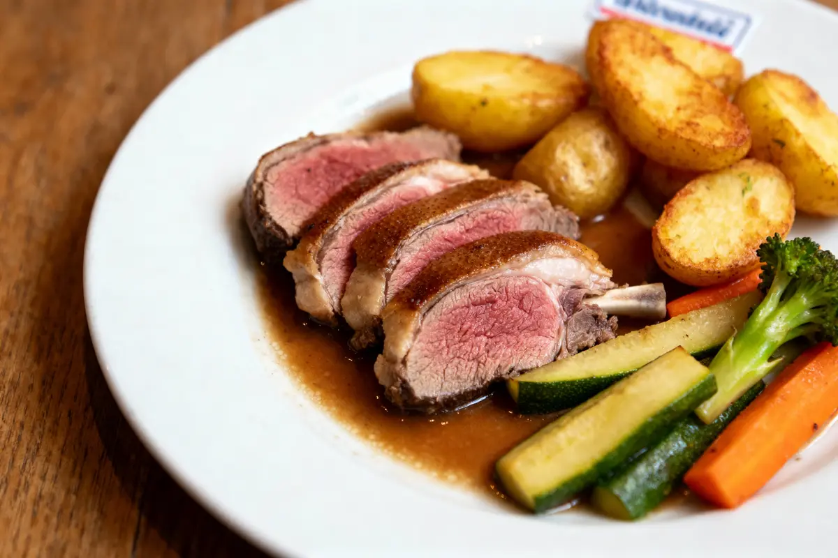 Assiette de viande saignante tranchée, pommes de terre rôties, légumes vapeur, sauce brune, sur table en bois.