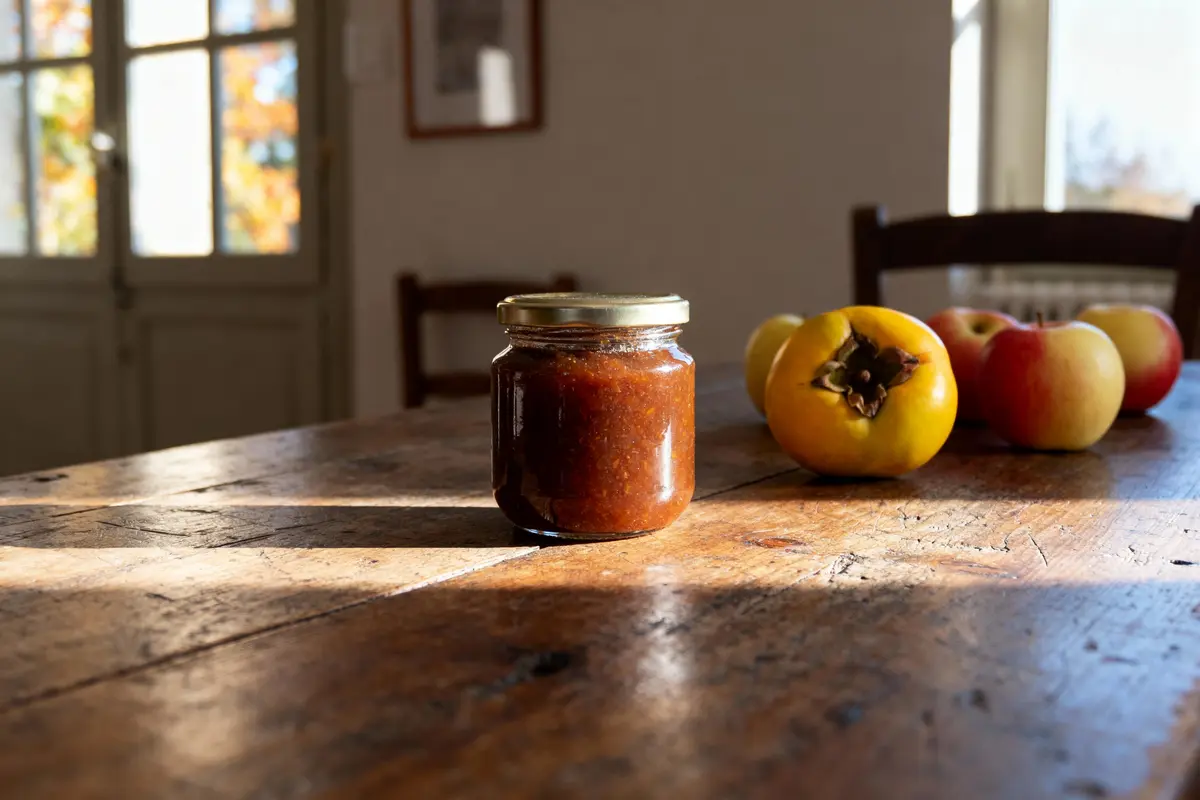 Pot de confiture et pommes sur une table en bois, lumière naturelle, intérieur lumineux.