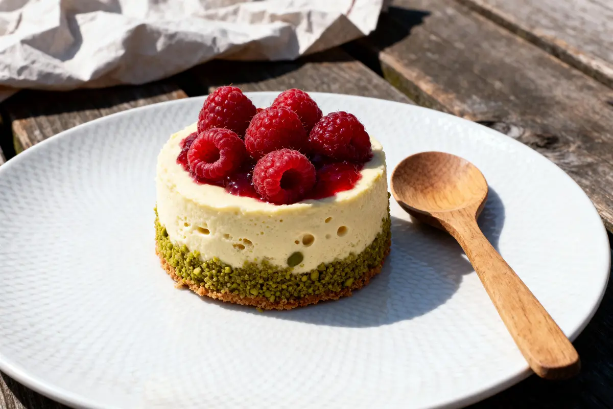 Gâteau au fromage avec framboises, croûte pistache, cuillère en bois, assiette blanche, table en bois rustique.