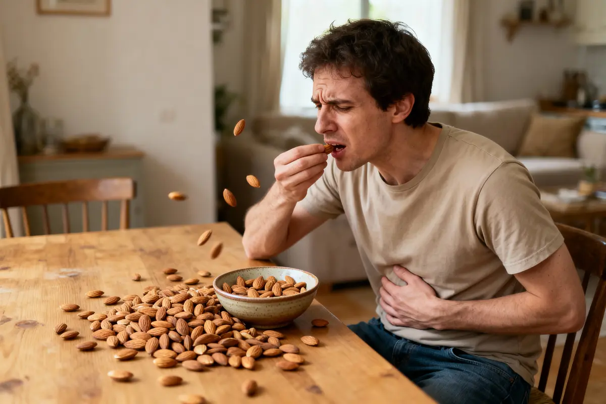 Homme prenant des amandes en grimaçant, main sur le ventre, table en bois, bol plein d'amandes.