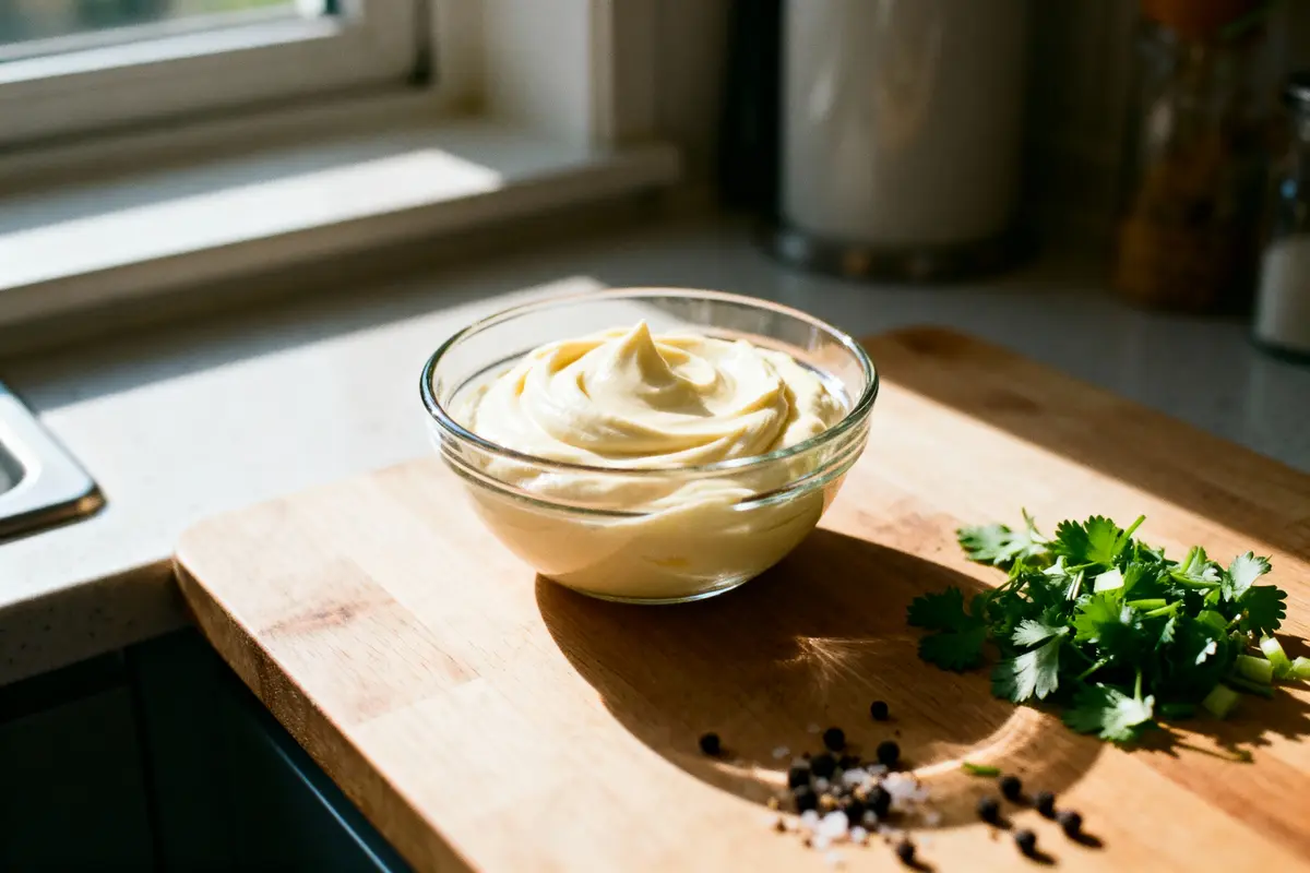 Bol de mayonnaise sur planche bois, herbes fraîches et grains de poivre à côté, éclairage naturel.