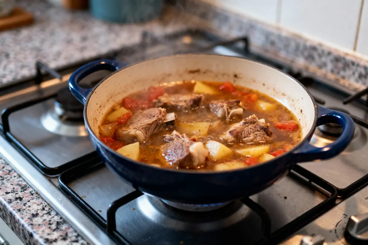 Cocotte bleu sur gaz avec ragoût de viande, pommes de terre, tomates. Cuisson en cours.