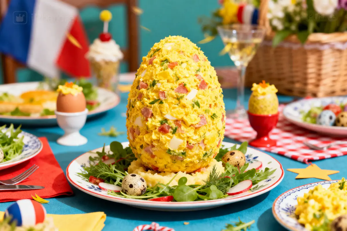 Oeuf géant décoratif en salade russe, table festive avec drapeaux français, fleurs et vaisselle.