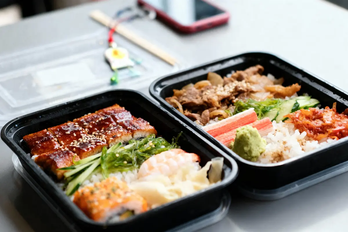 Deux boîtes bento remplies de riz, légumes, poisson, crevettes, viande, wasabi, posées sur une table.
