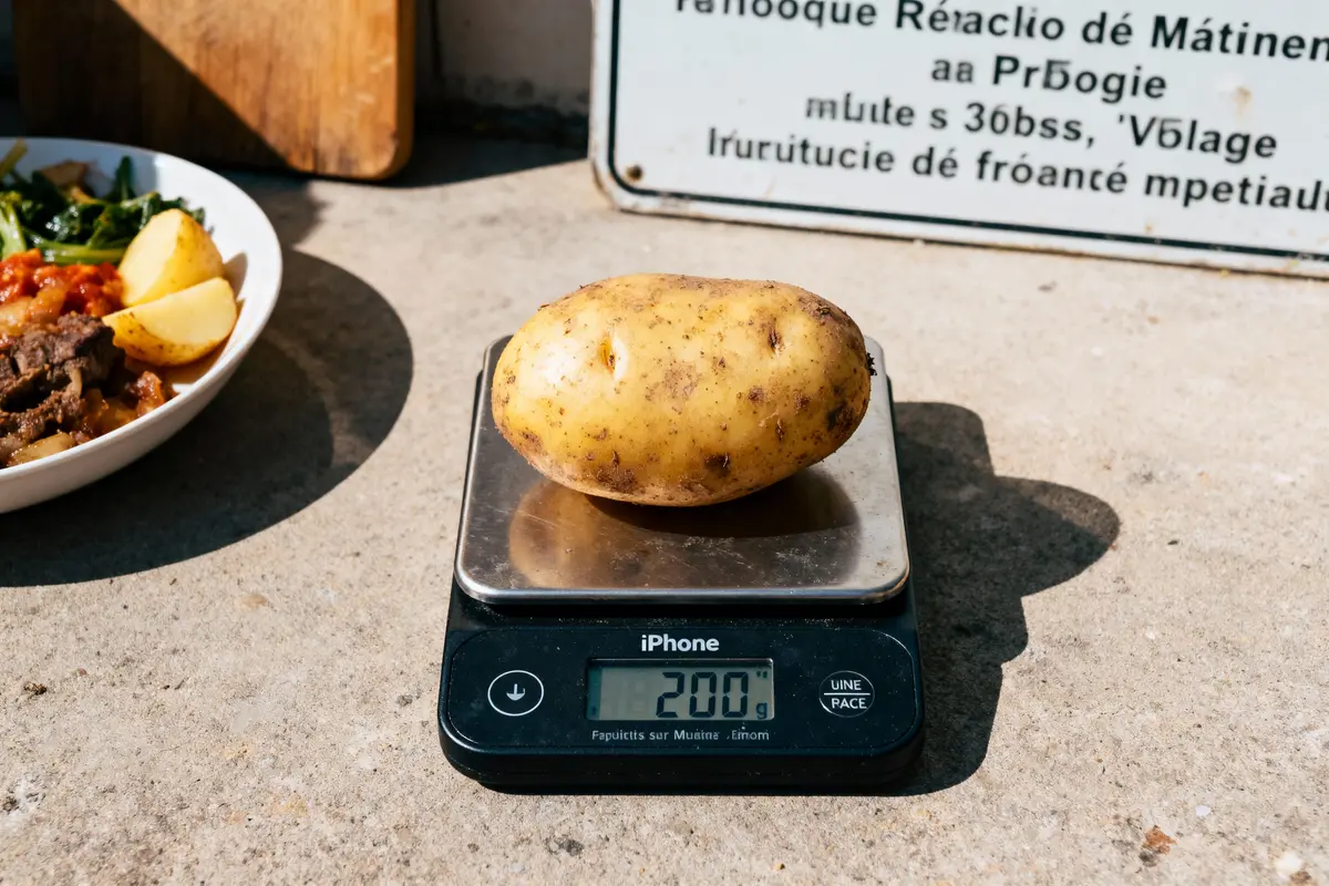 Pomme de terre sur balance affichant 200g, plat cuisiné en arrière-plan sur table extérieure.