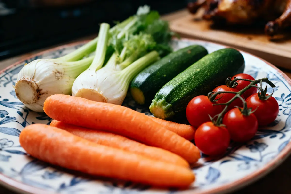 Assiette contenant carottes, céleri, courgettes et tomates cerises sur motif floral. Fond de cuisine.