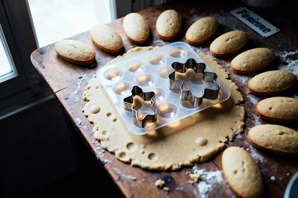 Emporte-pièces sur pâte à biscuits, madeleines autour, sur table en bois.