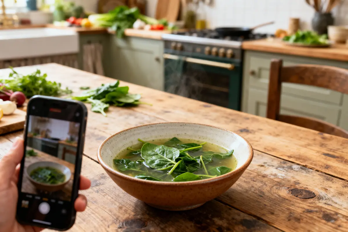 Bol de soupe aux légumes verts sur table en bois, photographié avec un smartphone dans une cuisine rustique.