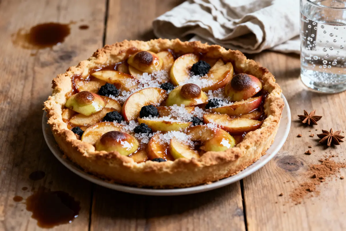 Tarte aux pommes avec caramel, sucre cristallisé sur table en bois, étoile de badiane et verre d'eau pétillante.