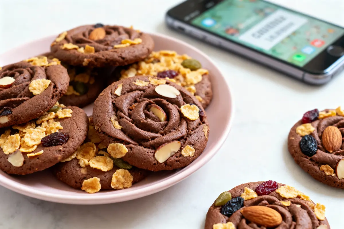 Cookies au chocolat garnis d'amandes, raisins secs, céréales, sur assiette rose, iPhone flou en arrière-plan.