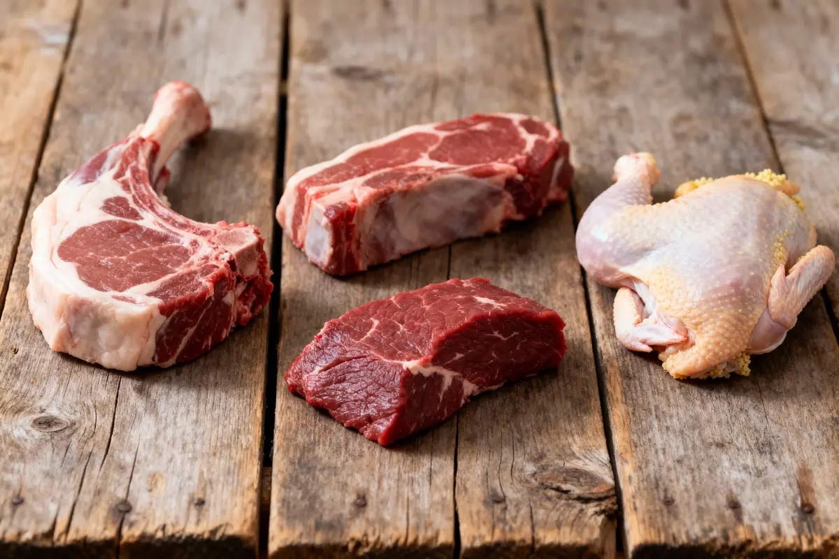 Quatre pièces de viande crue sur planche de bois : côte, rôti, steak, poulet entier.