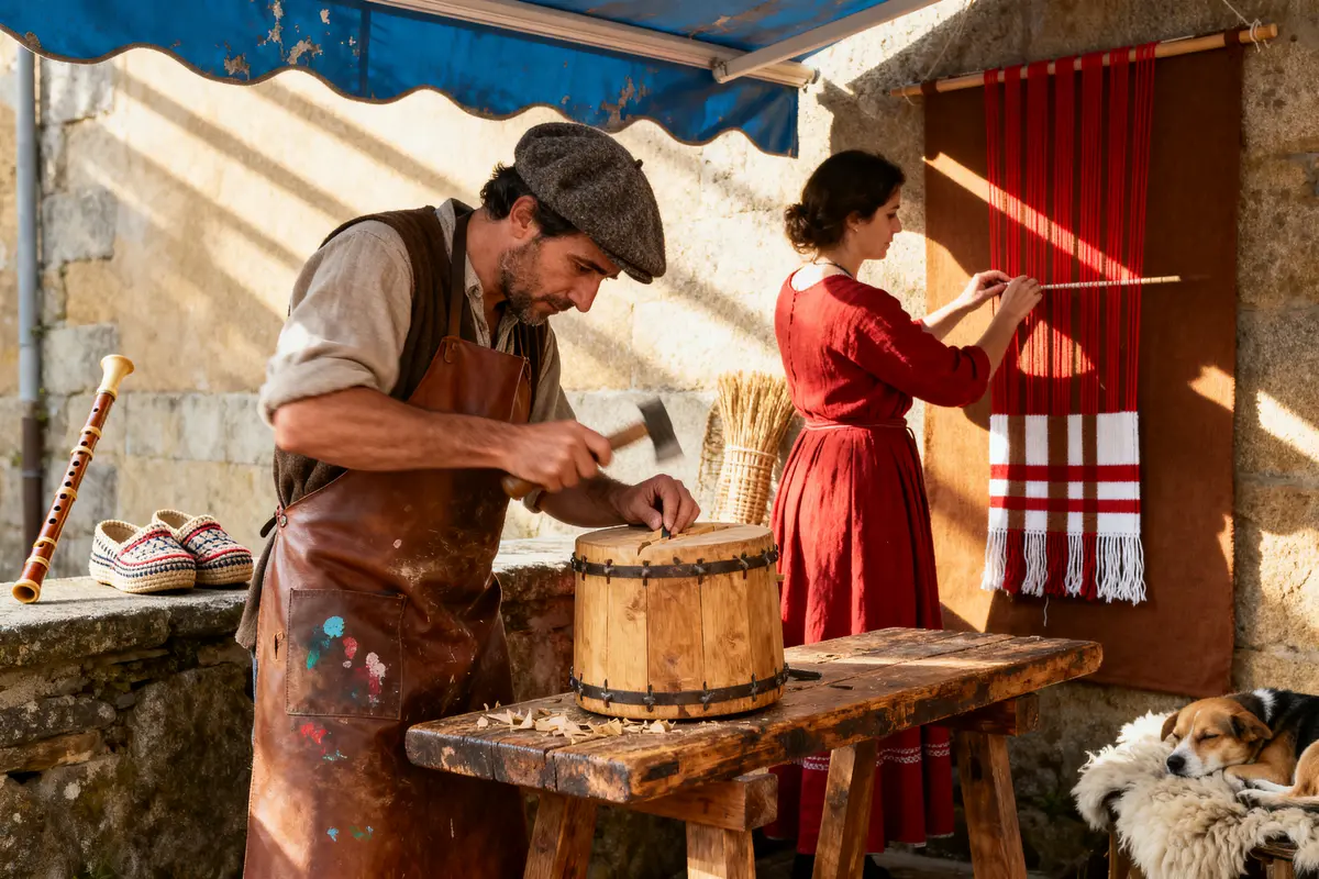 Artisans en plein air : homme construisant un tambour, femme tissant, et chien dormant sur une chaise.