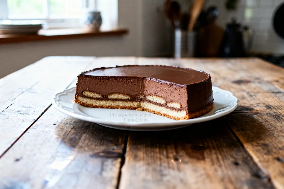 Gâteau chocolat avec couche biscuits exposé sur une assiette blanche, table en bois rustique en arrière-plan.