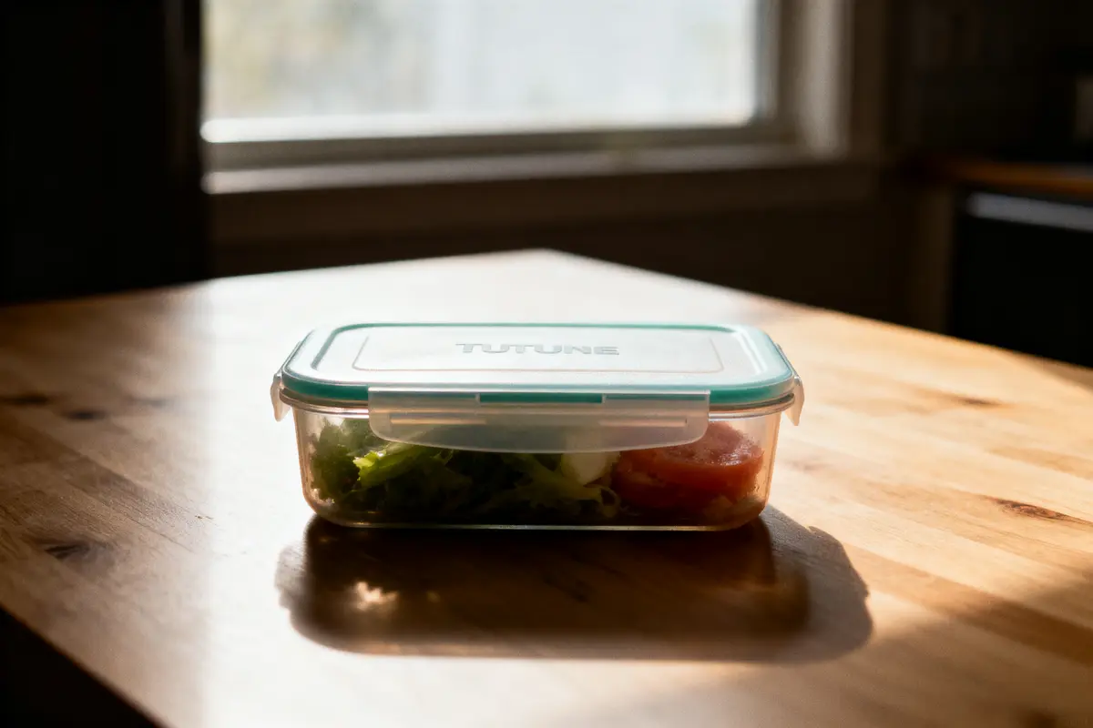 Boîte alimentaire transparente, couvercle turquoise, contenu salade, sur table en bois, éclairage naturel par fenêtre.