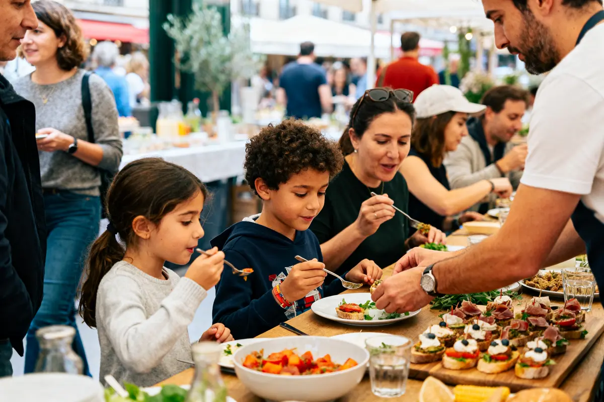 Personnes dégustant divers plats dans un marché animé, servies par un serveur. Ambiance conviviale et joyeuse.