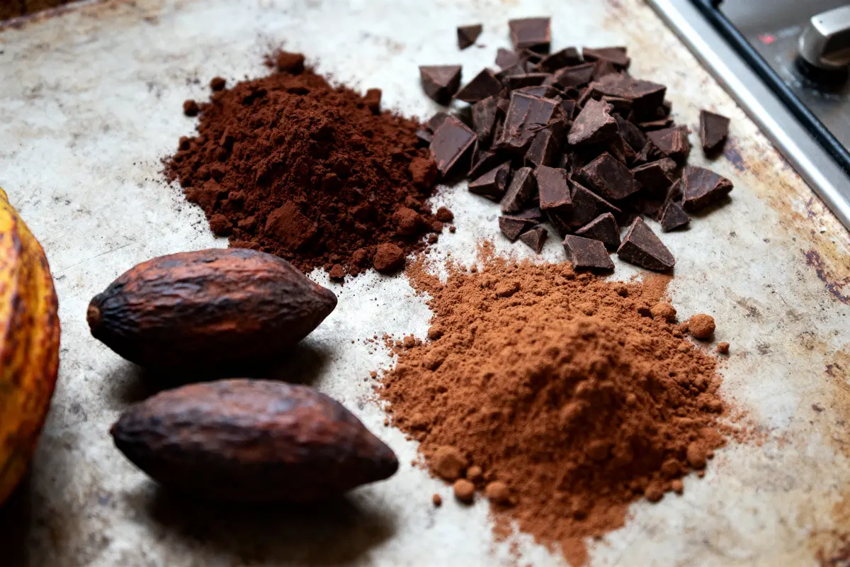 Graines de cacao, poudre de cacao, morceaux de chocolat sur une surface en métal.