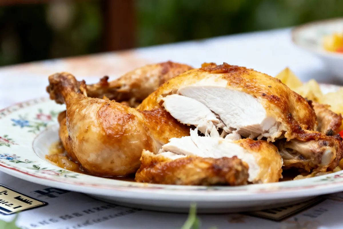 Poulet rôti découpé sur assiette fleurie, servi sur table extérieure floue, lumière naturelle.