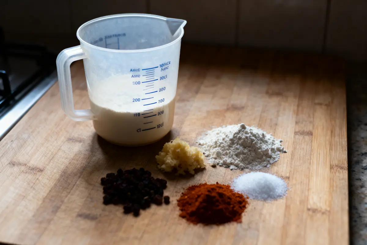 Verre doseur et ingrédients sur planche : raisins secs, gingembre, farine, sucre, épices.