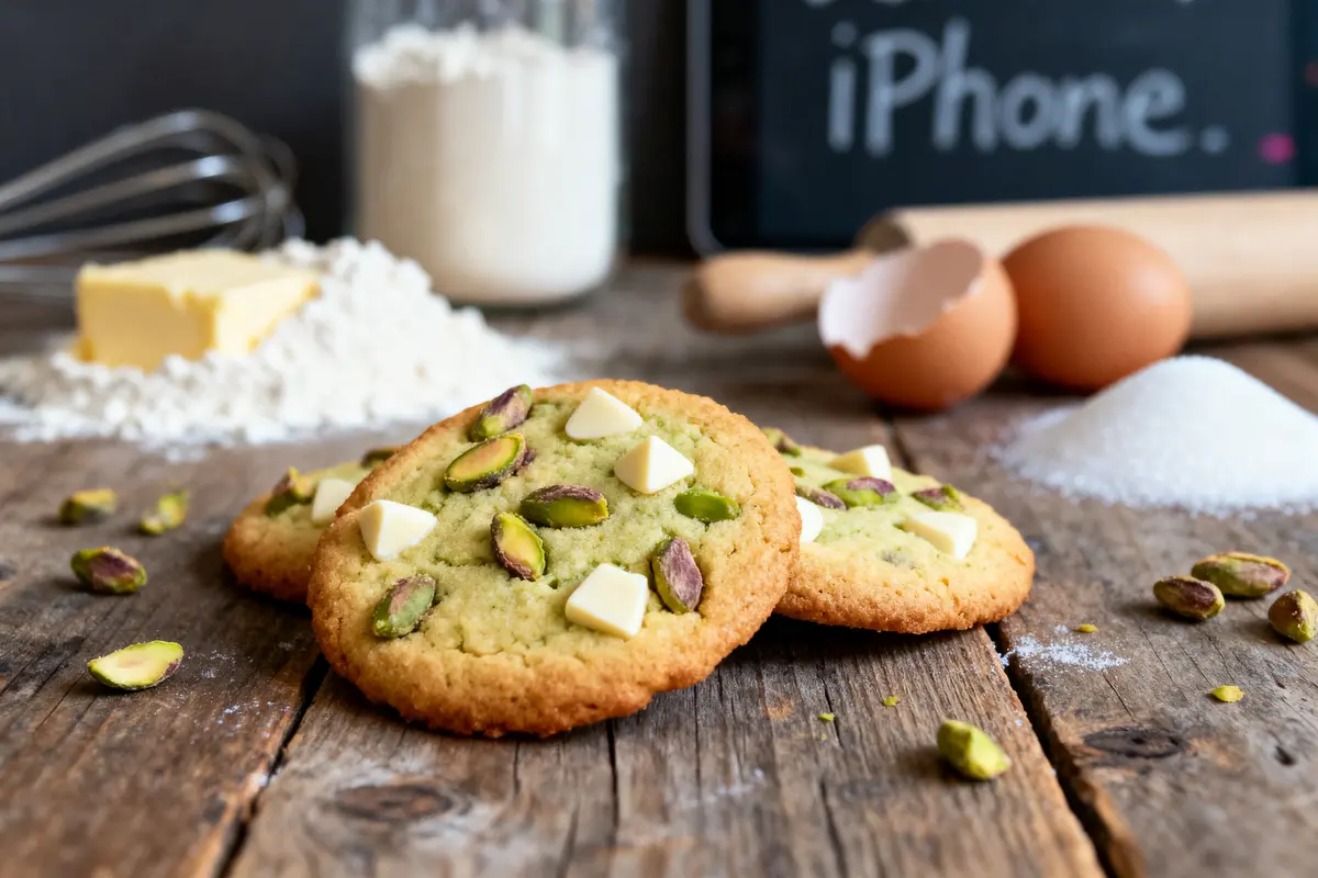 Cookies aux pistaches et chocolat blanc sur table en bois, avec ingrédients de pâtisserie en arrière-plan.