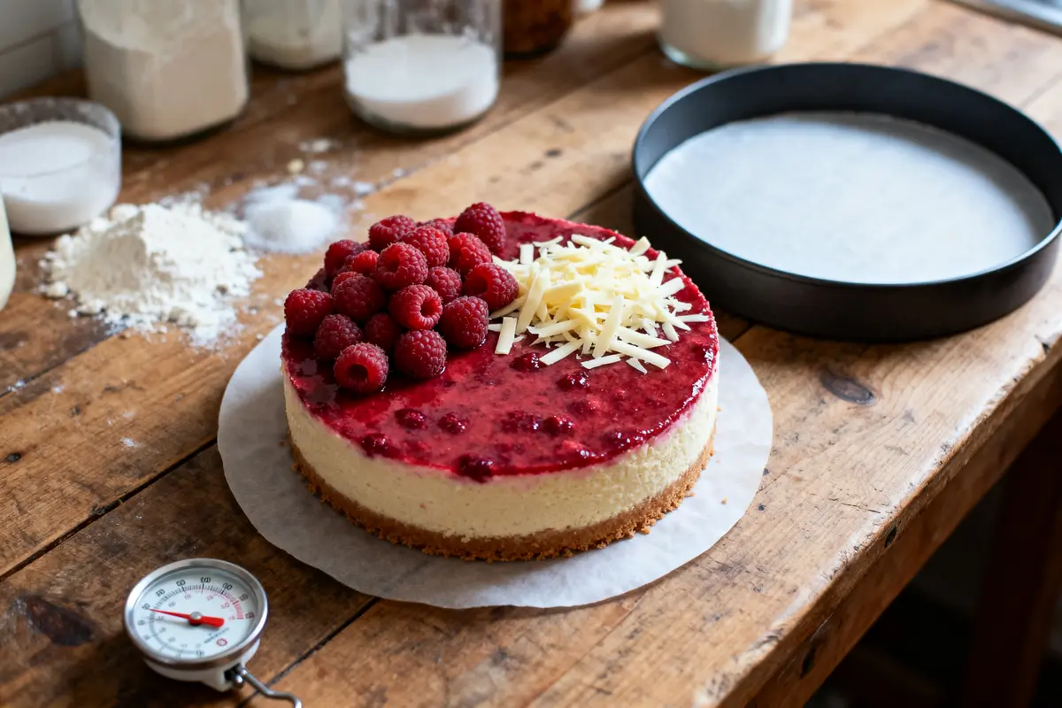 Tarte au fromage garnie de framboises et copeaux de chocolat blanc sur une table en bois, entourée d'ingrédients.