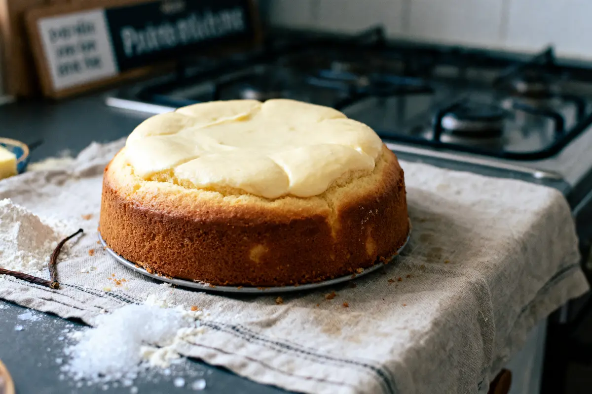 Gâteau au fromage fraîchement cuit, posé sur un tissu, avec une cuisinière en arrière-plan.