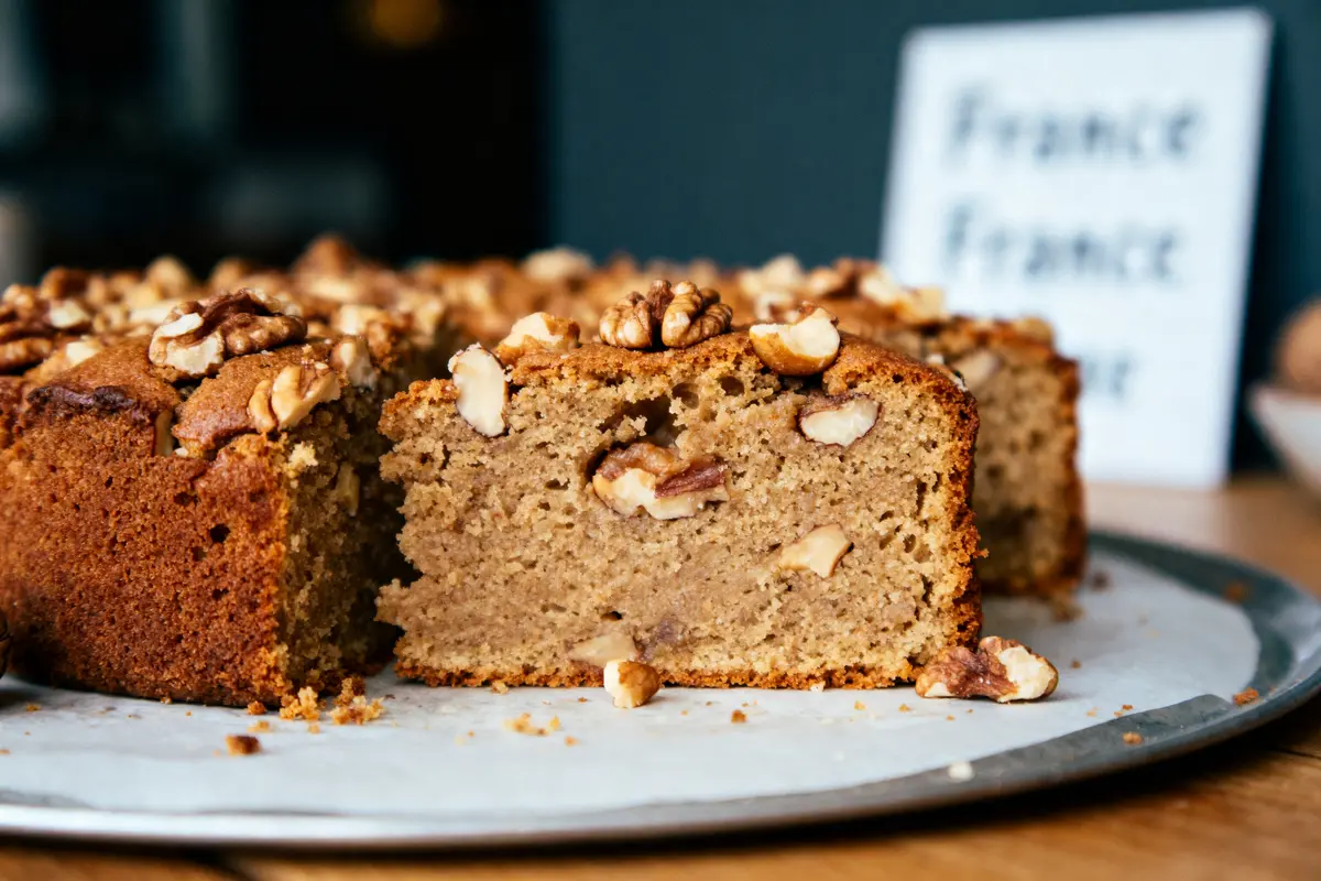 Gâteau aux noix tranché sur une assiette, décoré de noix entières et morceaux.