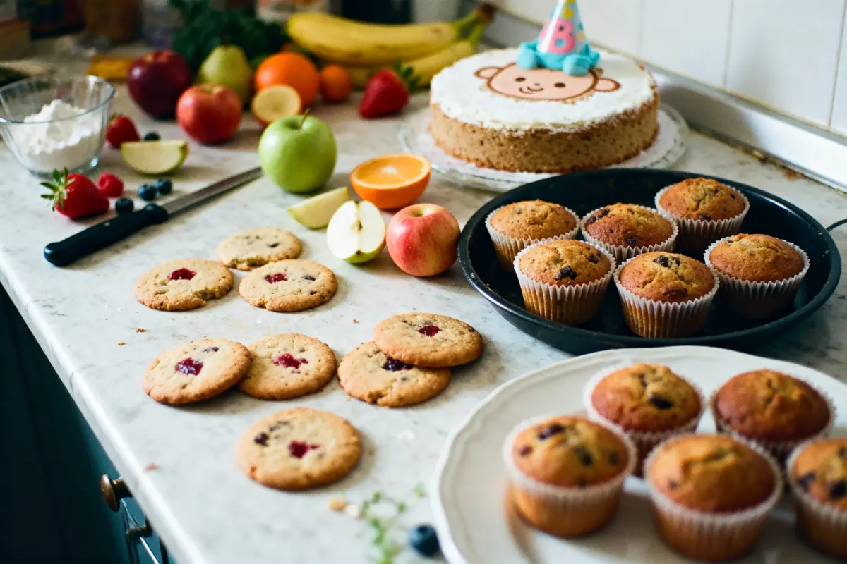 Biscuits, muffins, gâteau avec décoration animale, fruits variés et couteau sur plan de travail de cuisine.