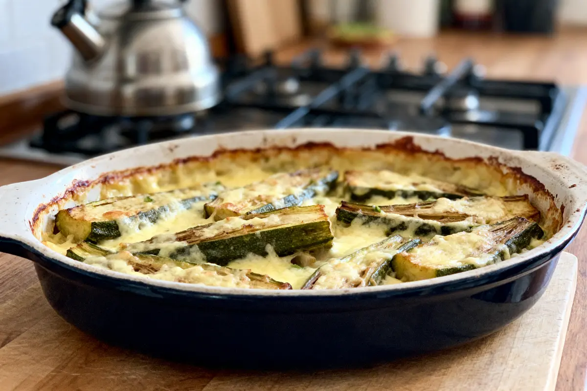 Plat gratiné aux courgettes et fromage dans un plat en céramique sur une cuisinière.