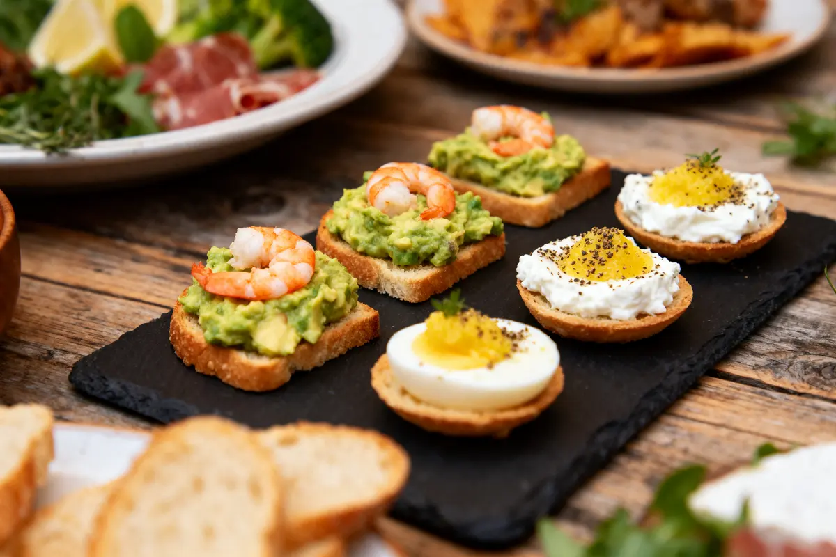 Assortiment de canapés avec crevettes, avocat, œuf et fromage sur planche ardoise, accompagné de pain.
