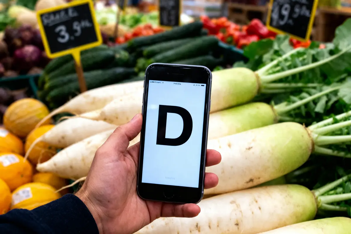 Main tenant un téléphone affichant "D" devant des légumes dans un marché, prix en arrière-plan.