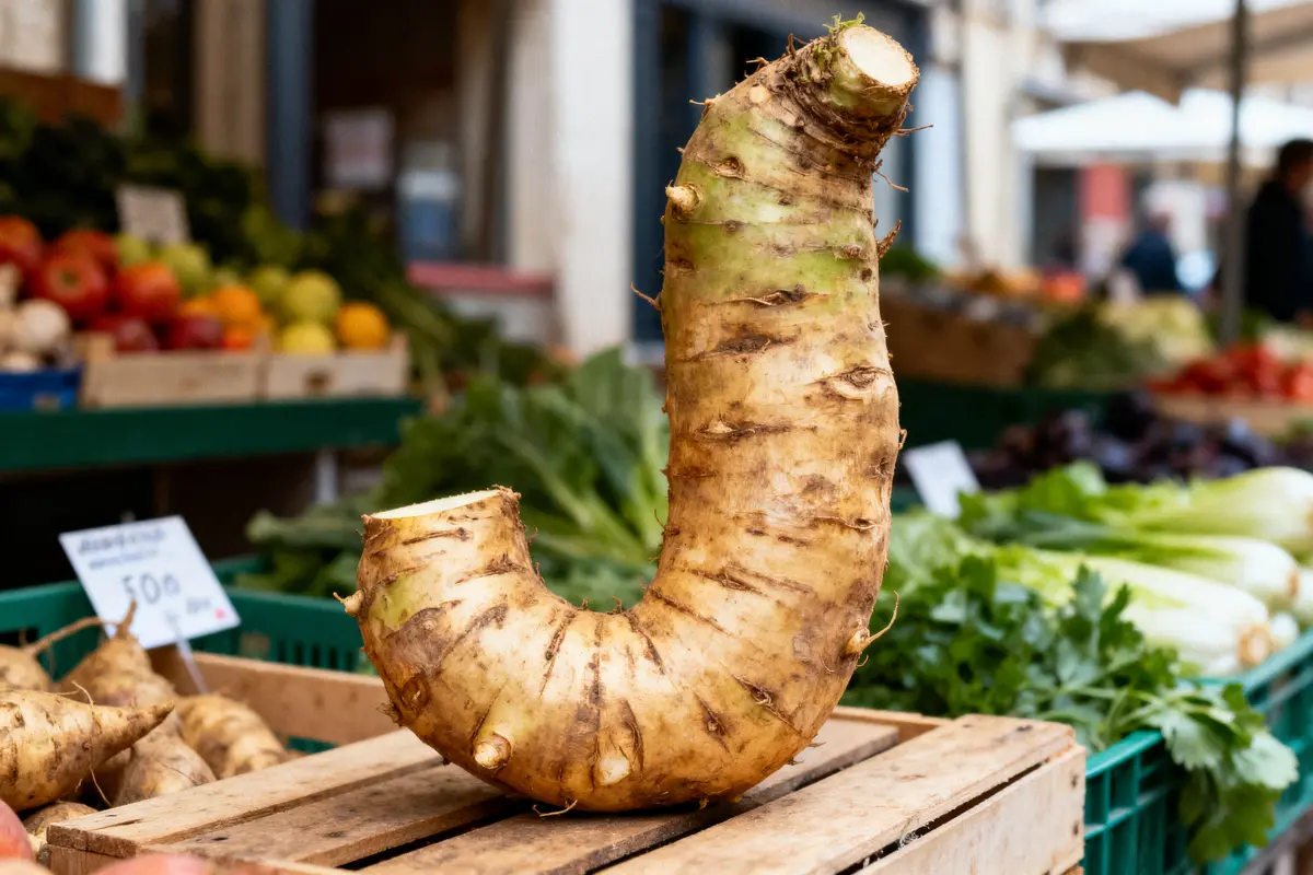 Grand raifort en forme de J sur étal de marché avec légumes en arrière-plan.