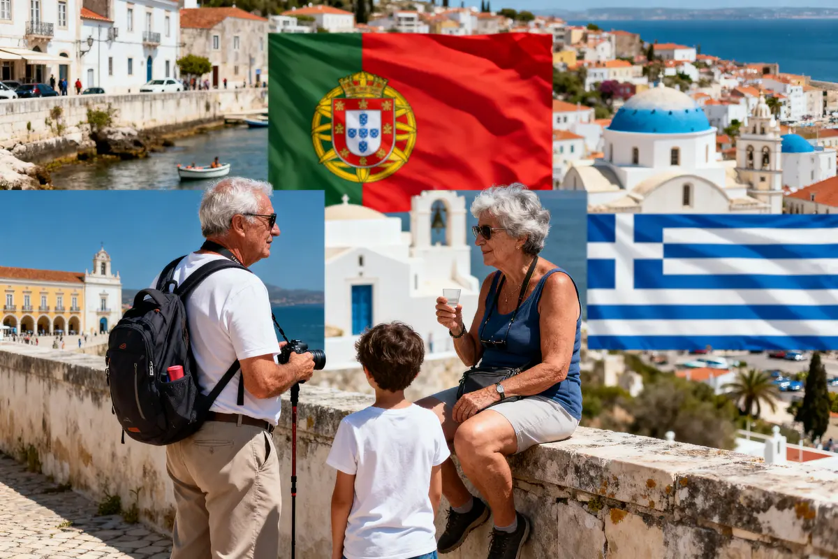 Un homme, une femme et un enfant discutent devant un paysage méditerranéen, drapeaux portugais et grec visibles.