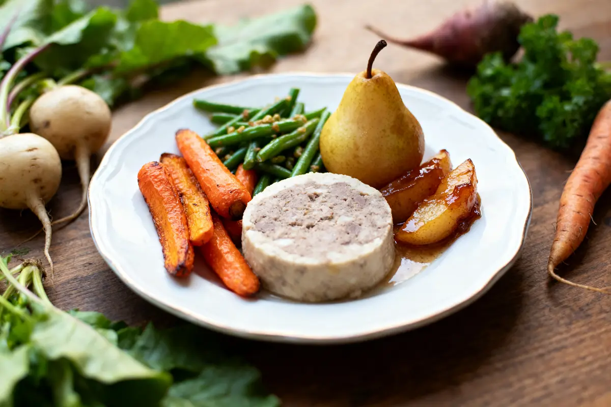 Assiette avec rôti, carottes, haricots, poire, pommes caramélisées ; légumes frais en arrière-plan.