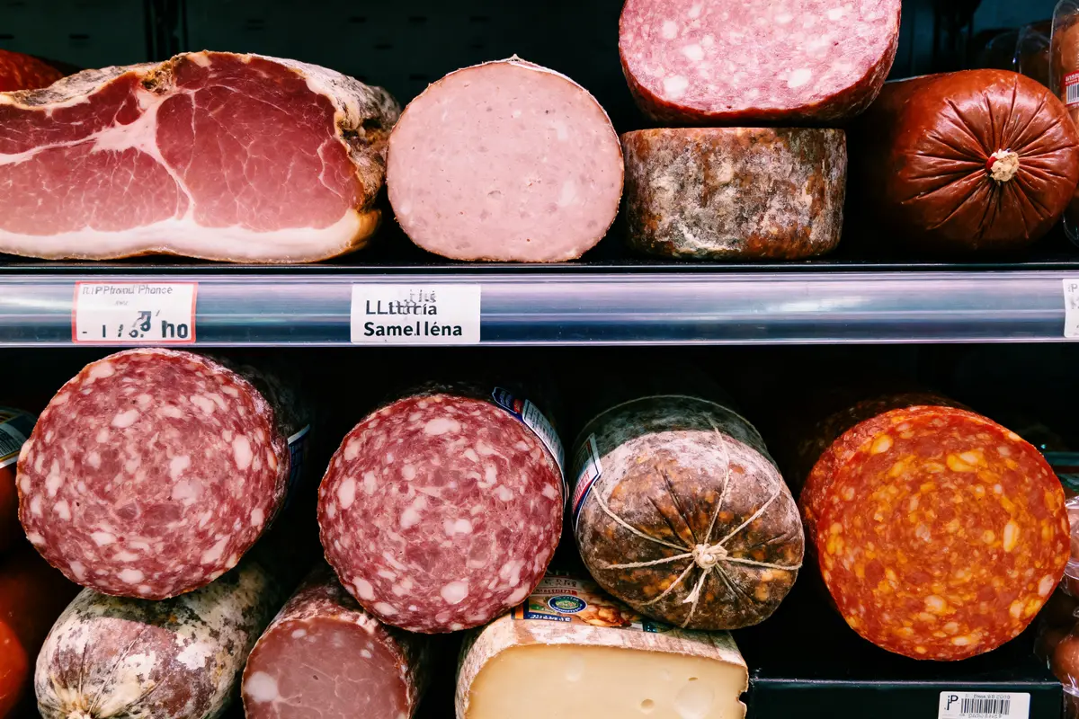 Ensemble de salamis et charcuteries variées disposés sur une étagère réfrigérée dans un supermarché.