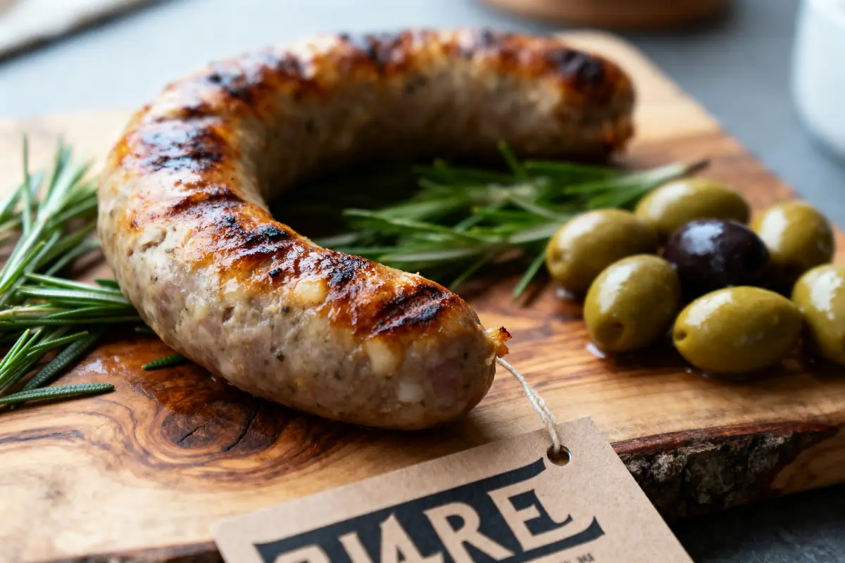 Saucisse grillée avec romarin et olives sur planche en bois.