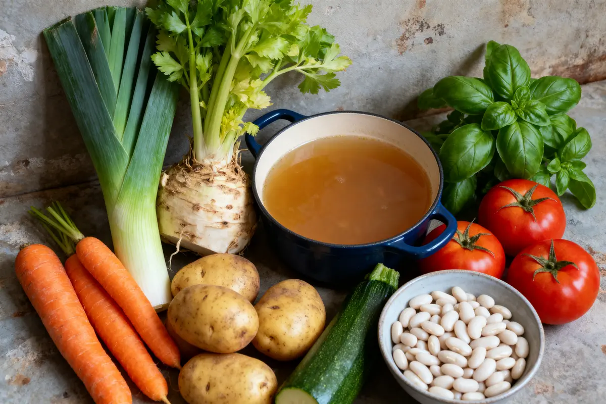 Légumes frais et bouillon dans une casserole avec haricots, céleri, pommes de terre, tomates, basilic, oignon, carottes, courgette.