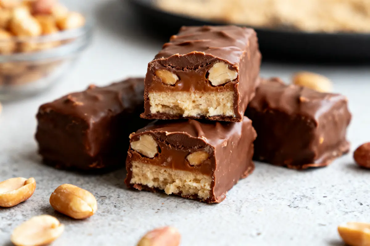 Barres chocolatées avec cacahuètes, caramel et biscuit, posées sur une surface grise avec des cacahuètes éparpillées.