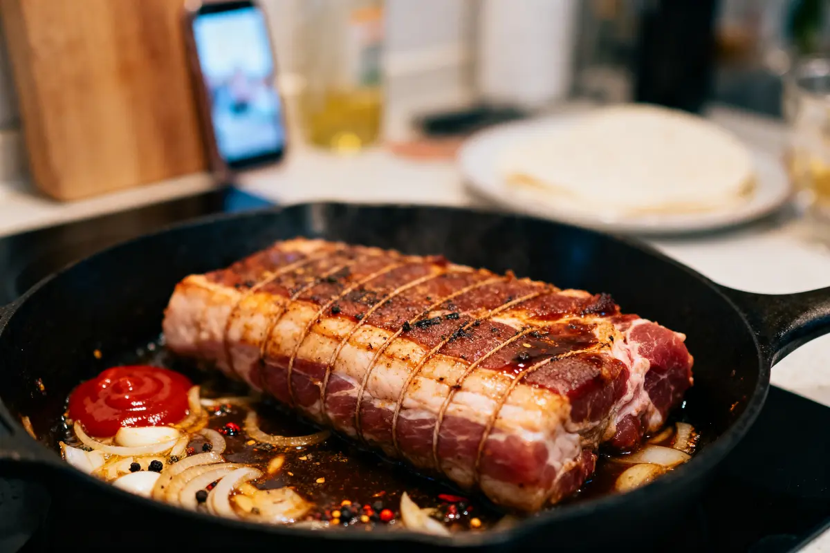 Rôti de porc dans poêle en fonte, avec oignons, épices et ketchup. Arrière-plan flou.