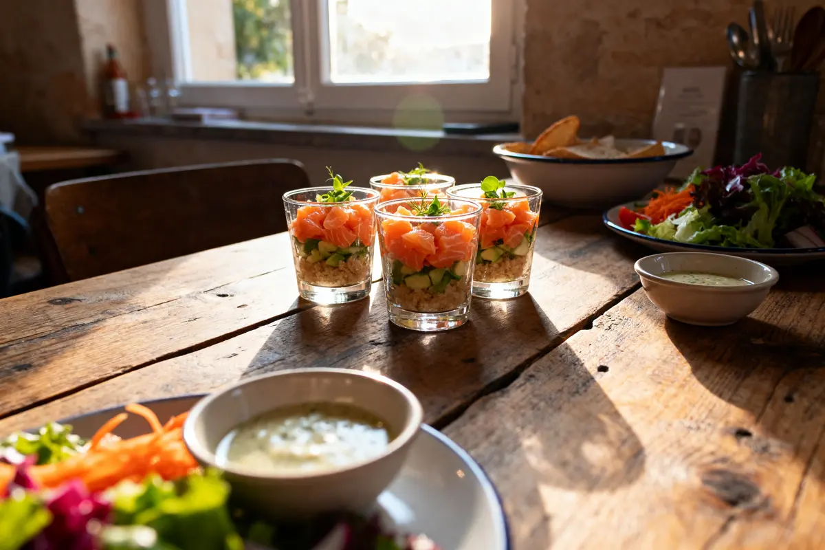 Verres de saumon et avocat sur table en bois, salade en arrière-plan, lumière du jour à travers fenêtre.