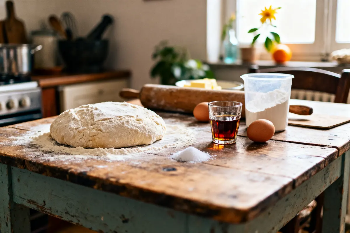 Table en bois avec pâte à pain, œufs, farine, verre de liquide, rouleau à pâtisserie et plante en arrière-plan.