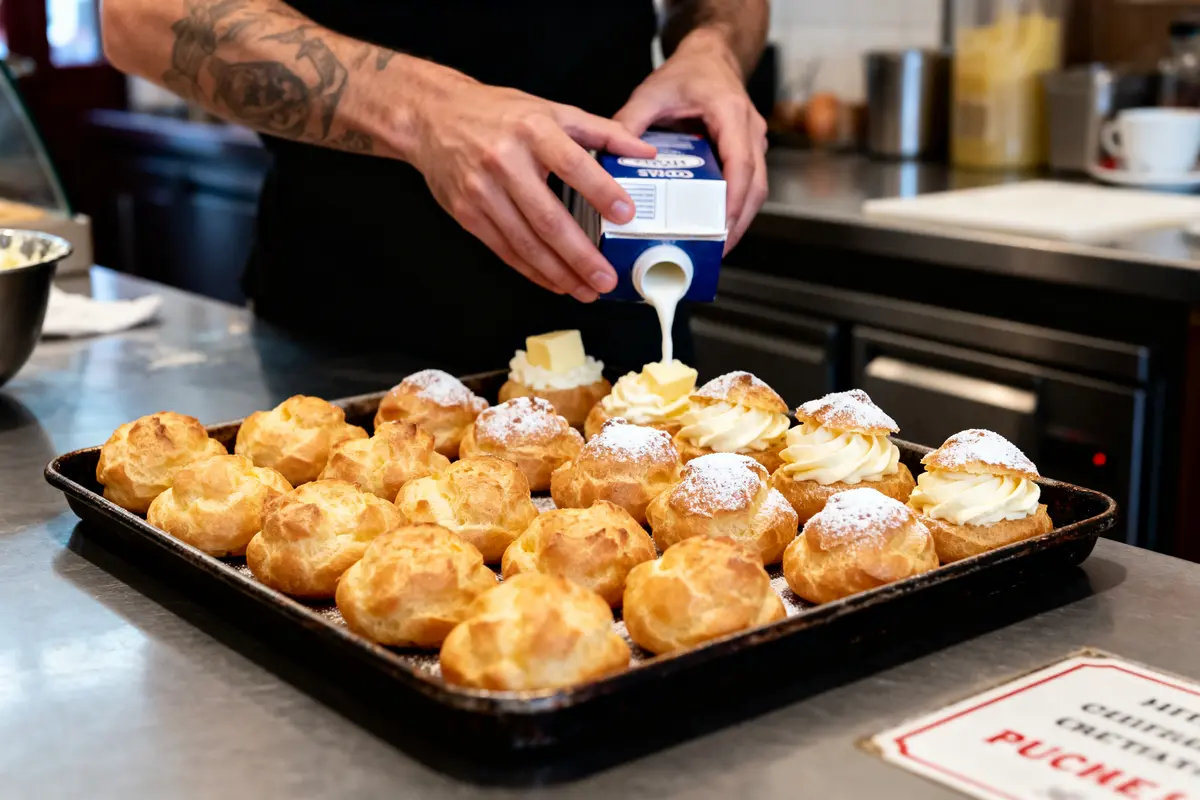 Plateau de choux à la crème avec décoration de crème fouettée et poudre de sucre. Main versant crème fluide.