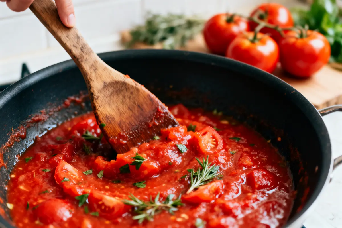 Sauce tomate maison dans casserole noire avec herbes, remuée avec spatule en bois, tomates en arrière-plan.