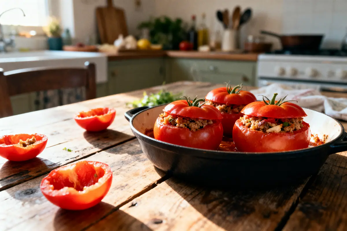 Tomates farcies cuites dans un plat noir, cuisine rustique en arrière-plan, table en bois, éclairage naturel.