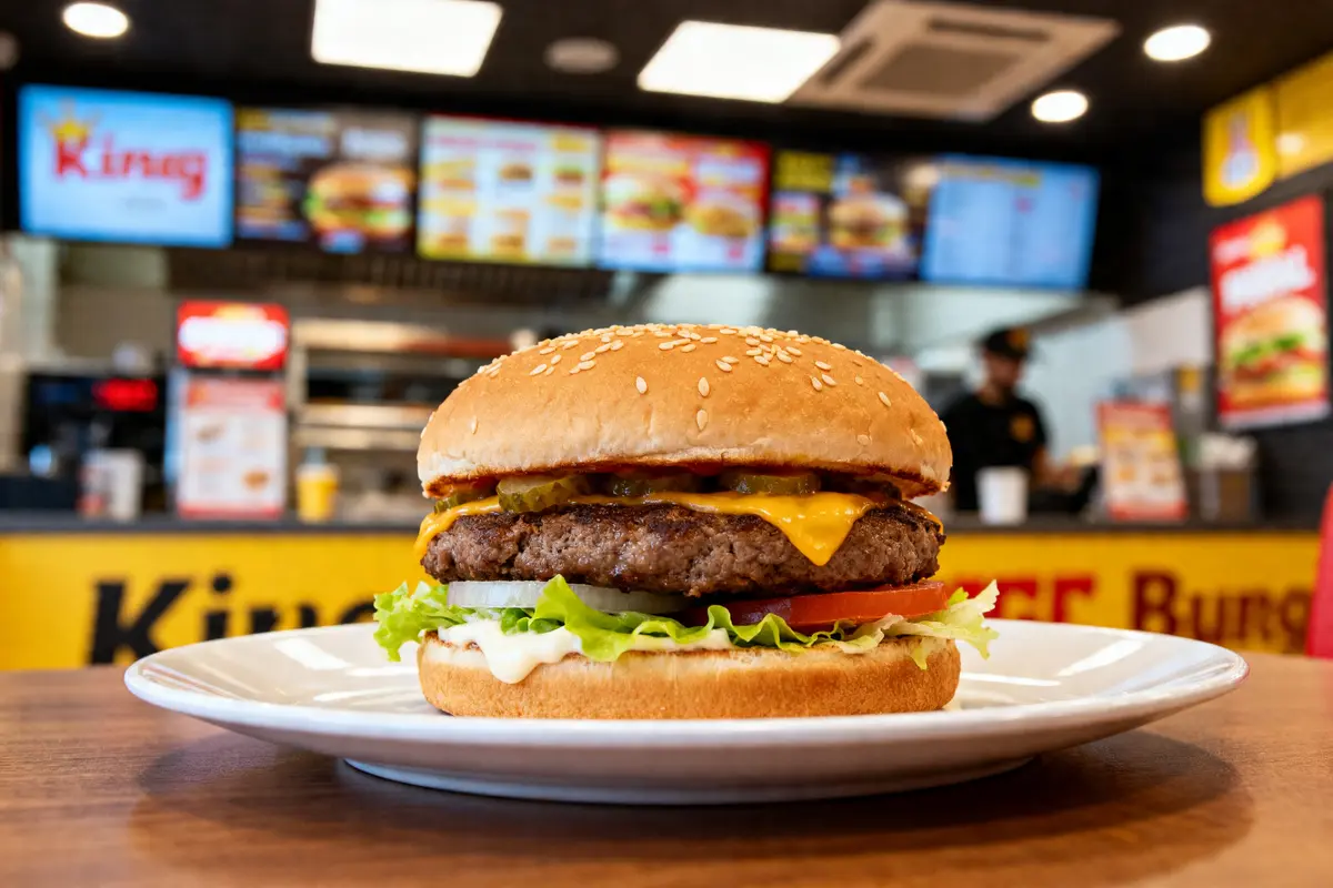 Gros plan sur un burger savoureux dans un restaurant King Burger halal accueillant et lumineux