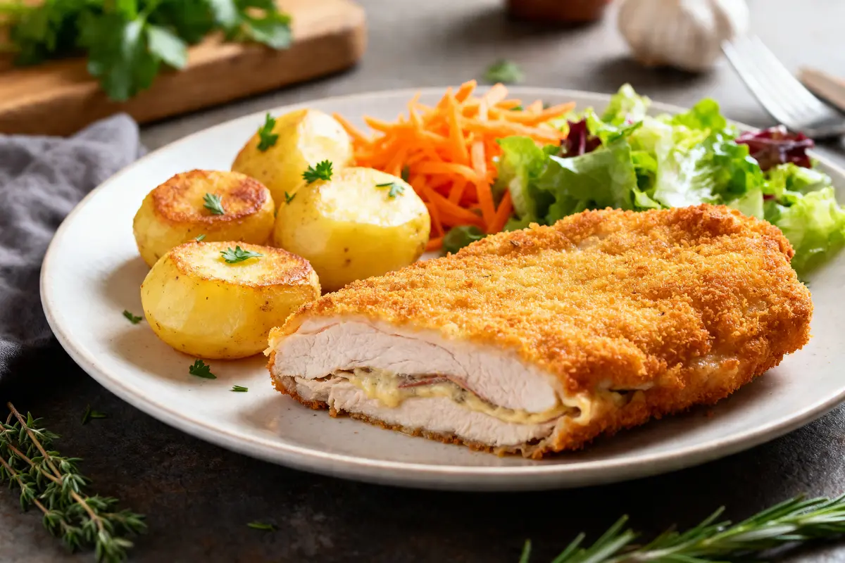 Cordon bleu avec pommes de terre, carottes râpées, salade, parfait accompagnement du cordon bleu
